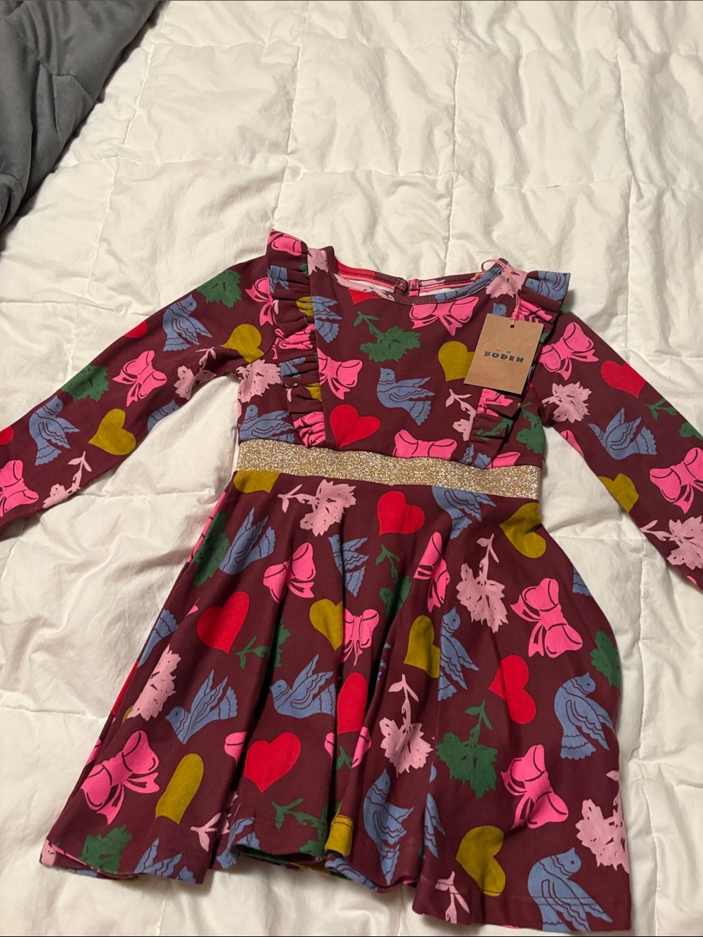 Boden Burgundy Dress with Pink, Red, Blue & Green Prints and Gold Waist